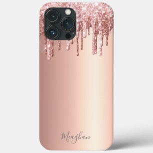 Name Pink Glitter Monogrammed Rose Gold Drips iPhone 13 Pro Max Case