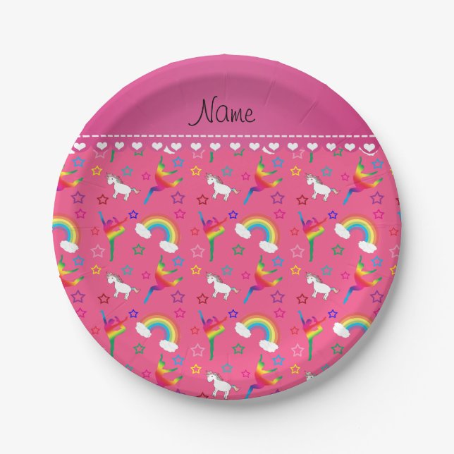 Name pink gymnastics rainbows unicorns paper plate (Front)