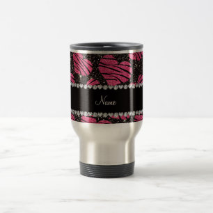 Name pink hearts black glitter zebra stripes travel mug