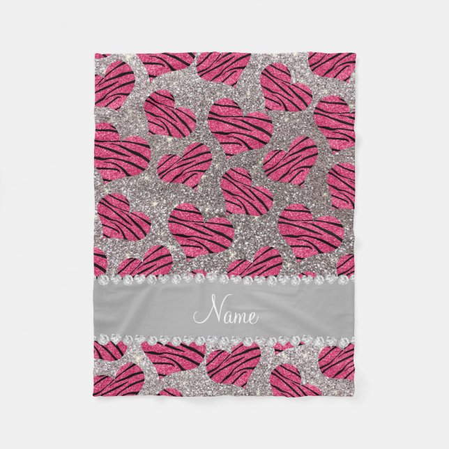 Name pink hearts silver glitter zebra stripes fleece blanket (Front)