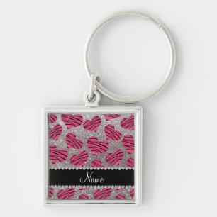 Name pink hearts silver glitter zebra stripes key ring
