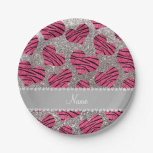 Name pink hearts silver glitter zebra stripes paper plate
