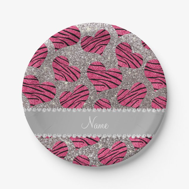 Name pink hearts silver glitter zebra stripes paper plate (Front)