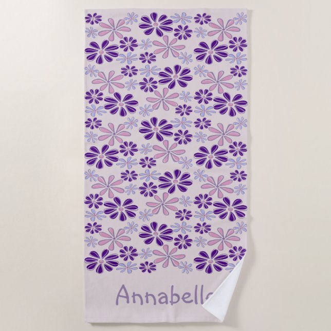 Name Pink Indigo Flower Doodle Beach Towel (Front)