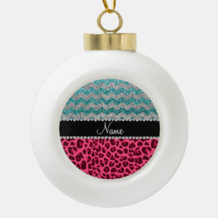 Name pink leopard turquoise glitter chevrons ceramic ball christmas ornament