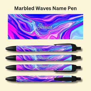 Name Pink Mauve Aqua Blue Marbled Black Ink Pen