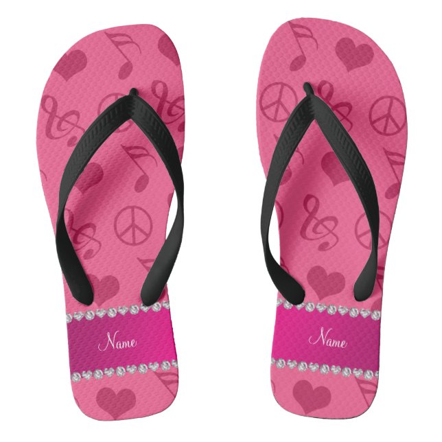 Name pink music notes hearts peace sign flip flops (Footbed)