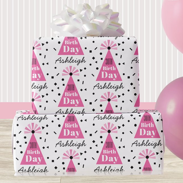 Name Pink Party Hat 30th Birthday  Wrapping Paper (Creator Uploaded)