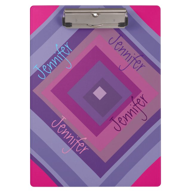 Name Pink Purple Diamond Pattern Asymmetrical Art Clipboard (Front)