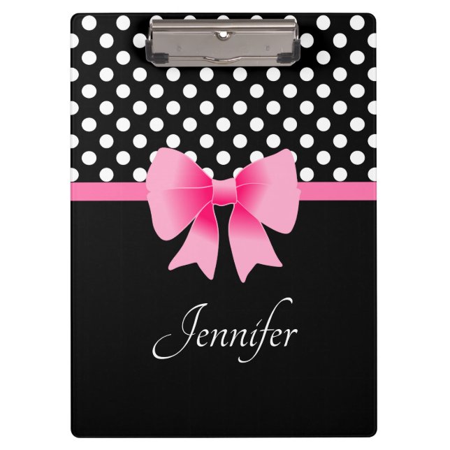 Name Pink Ribbon Black & White Polka Dots Clipboard (Front)