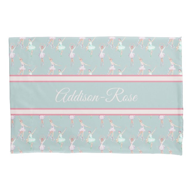 Name Pink Teal Grey Ballerina Pattern Nursery Pillowcase (Front)