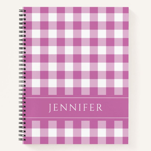 Name Pink & White Gingham Checkered Pattern Notebo Notebook (Front)