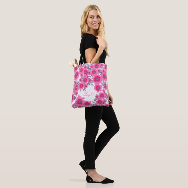 Name pink & white poppies floral flowers tote bag (On Model)