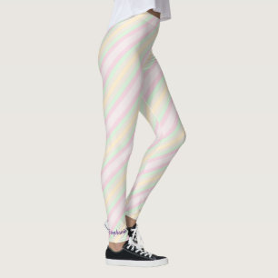 Name, Pink Yellow and Green Pastel Stripe Leggings