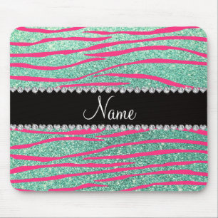 Name pink zebra stripes seafoam green glitter mouse mat