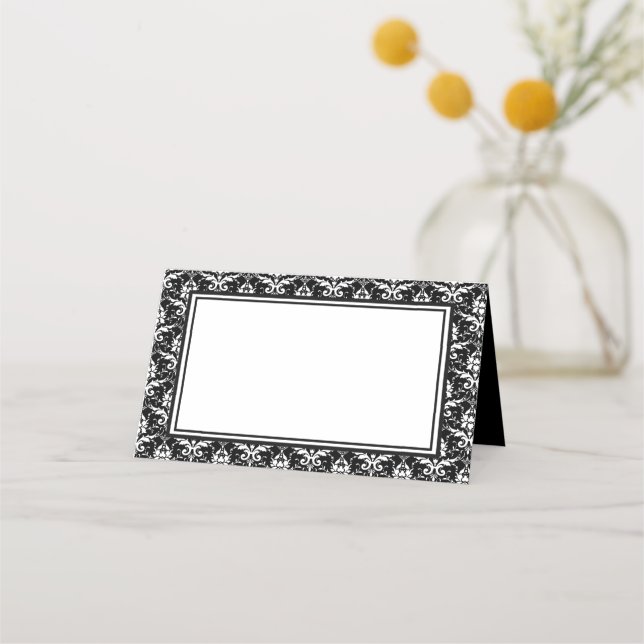 Name Place Card-Black & White Damask Place Card (Front)