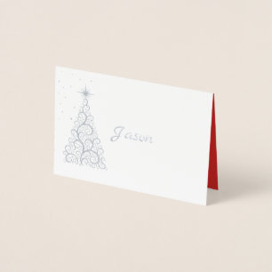 Name Place Card SLVR Foiled ChristmasTree & Stars