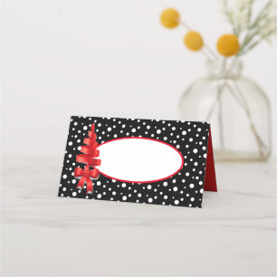 Name Place Cards-Christmas Ribbon Tree Polka Dot Card