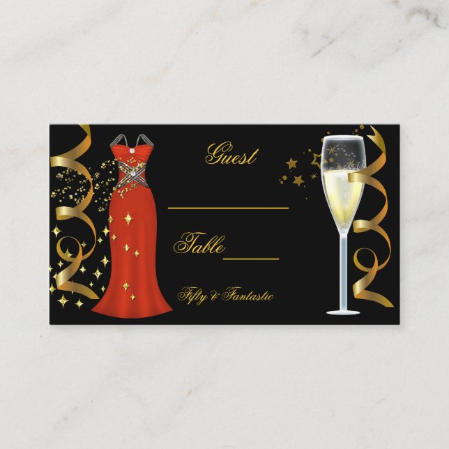 Name Place Fantastic Red Dress Black Gold Place Card (Front)