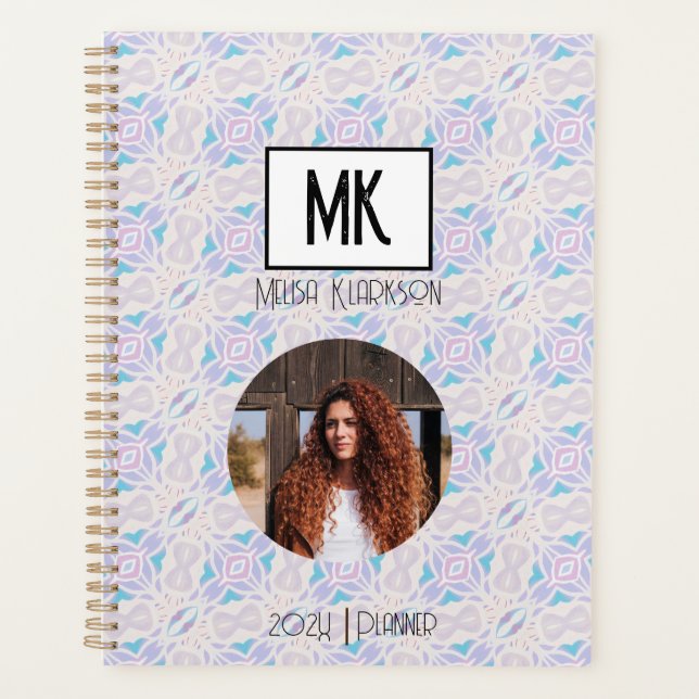 Name Planner with Photo on Blue Grunge Pattern (Front)