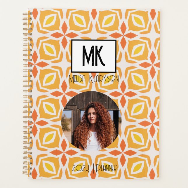 Name Planner with Photo on Orange Grunge Pattern (Front)