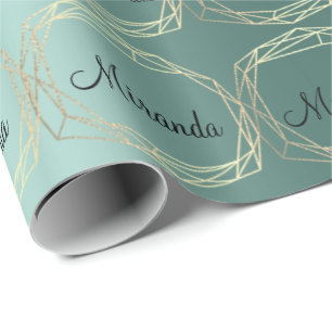 Name Polygonal Teal Green Champaigne Gold Diamond Wrapping Paper