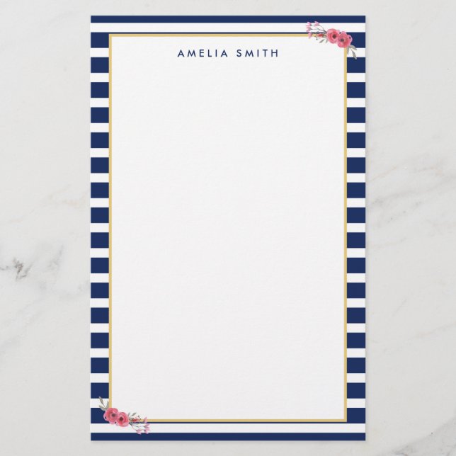 Name Preppy Chic Blue Stripes Pink Flowers Stationery (Front)