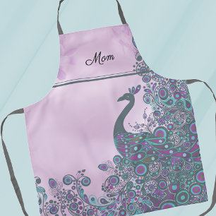 Name, Purple and Teal Decorative Peacock Pattern Apron