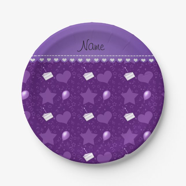 Name purple birthday cake balloons hearts stars paper plate (Front)