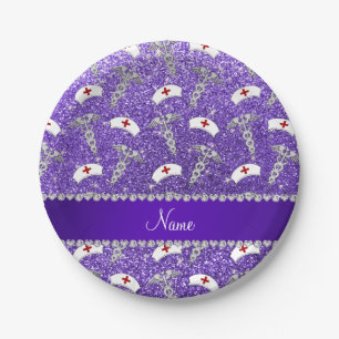 Name purple glitter nurse hats silver caduceus paper plate