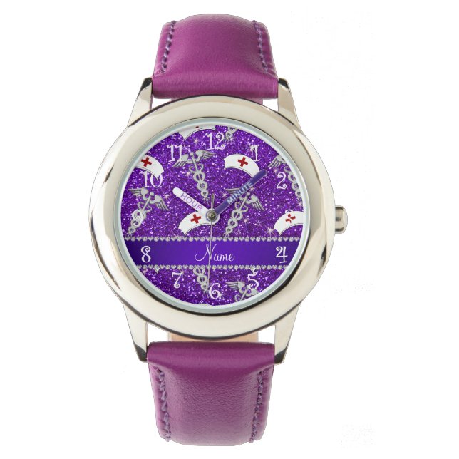 Name purple glitter nurse hats silver caduceus watch (Front)