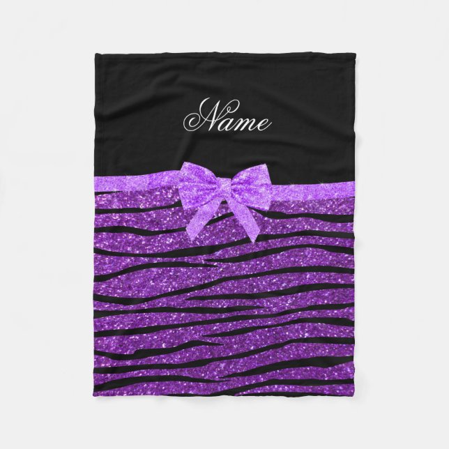 Name purple glitter zebra stripes purple bow fleece blanket (Front)