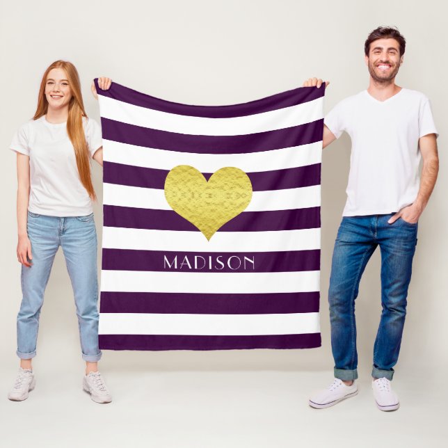 Name Purple White Gold Heart Pattern Print Fleece Blanket (In Situ)