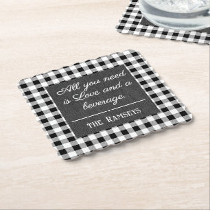 Name Quote. Black & White Check, Black Denim Print Paper Coaster