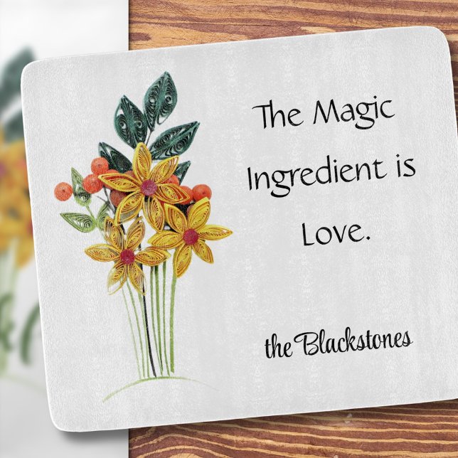 Name, Quote, Paper Quilled Flowers Glass Cutting Board (Creator Uploaded)