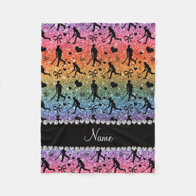 Name rainbow glitter field hockey hearts bow fleece blanket (Front)