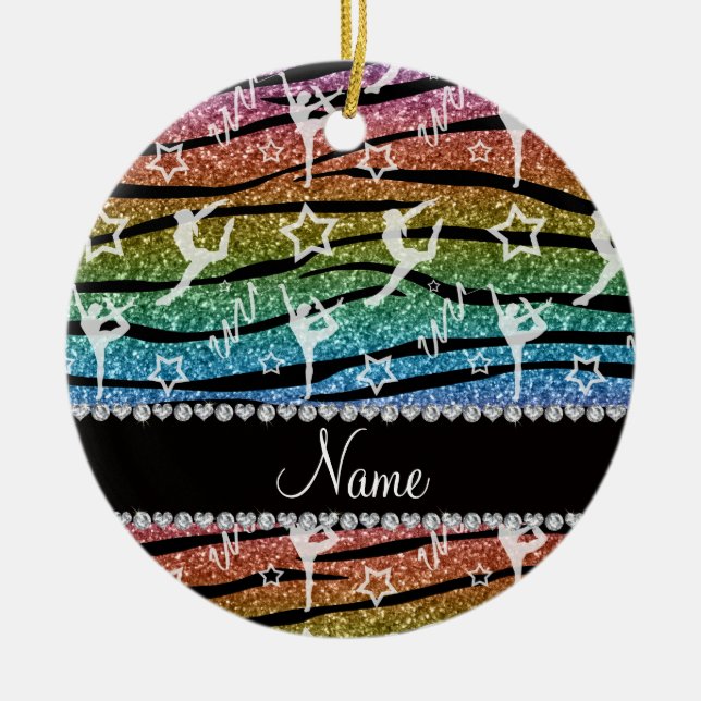 Name rainbow gymnastics glitter zebra stripes ceramic tree decoration (Front)