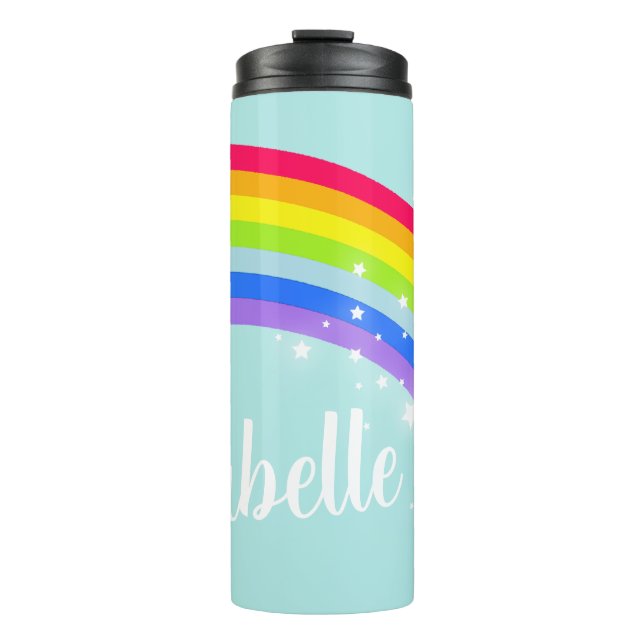 Name rainbow stars teal blue sky thermal tumbler (Front)