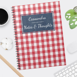 Name, Red and White Gingham Check Blue Denim Notebook