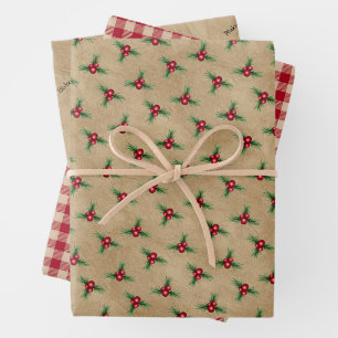 Name, Red Berries Holly, Gingham Check Kraft Wrapping Paper Sheet