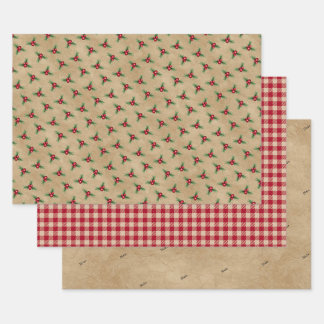 Name, Red Berries Holly, Gingham Check Kraft Wrapping Paper Sheet