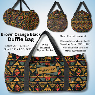 Name, Red Black Orange Brown Abstract Geometric Duffle Bag