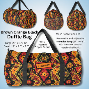 Name, Red Black Orange Brown Abstract Geometric Duffle Bag