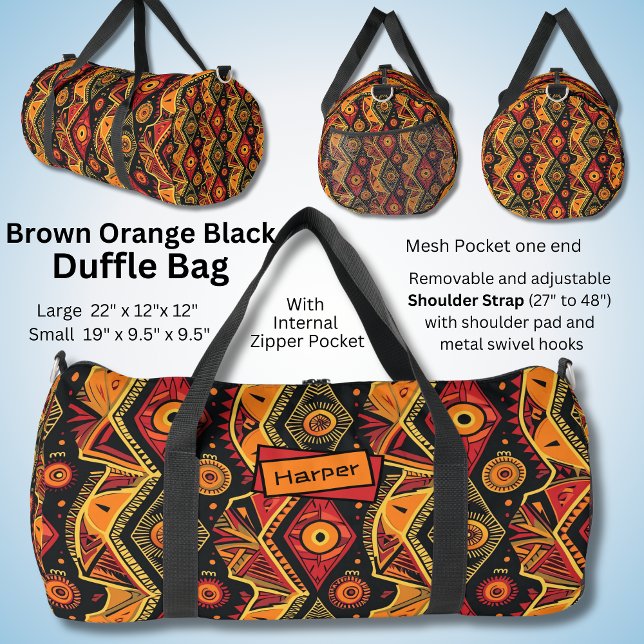 Name, Red Black Orange Brown Abstract Geometric Duffle Bag (Creator Uploaded)