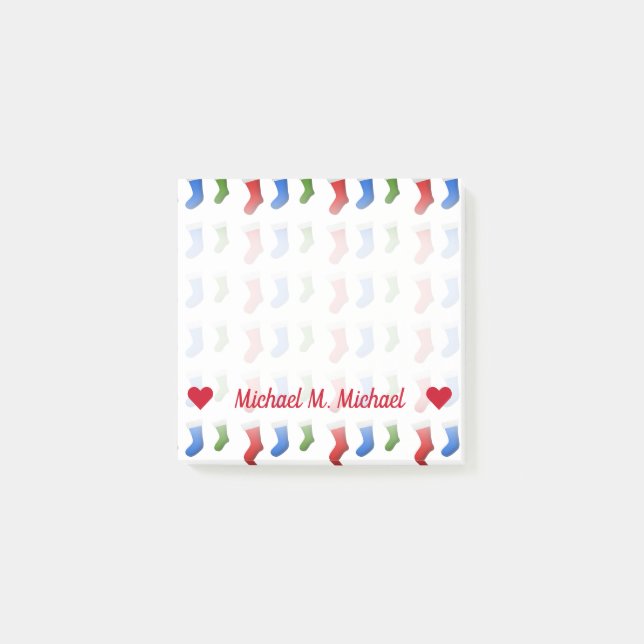 Name; Red, Blue and Green Christmas Stockings Post-it Notes (Front)