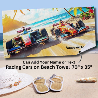Name, Red Blue Racing Cars on the Sand Beach Towel