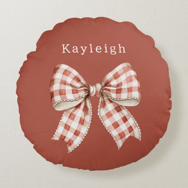 Name Red Cream Bow Round Cushion (Front)