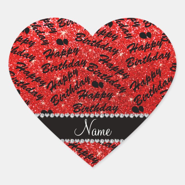 Name red glitter happy birthday balloons heart sticker (Front)