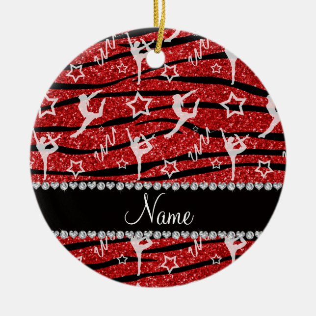 Name red gymnastics glitter zebra stripes ceramic tree decoration (Front)