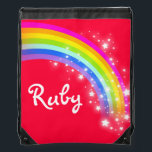 Name red rainbow stars drawstring bag<br><div class="desc">Bright red and colourful rainbow girls drawstring bag. Customise with the short name of your choice. Currently reads: Ruby. *Please note some names will not always fit due to the nature of the font. A perfect gift for a vibrant colourful girl to carry sports kit or school items. Uniquely designed...</div>